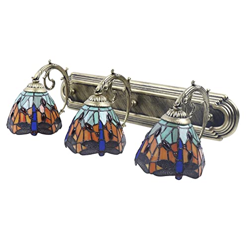 Tiffany Victorian Wall Sconce, 3-Light Vanity Light Fixtures Stained Glass Lampshade Dragonfly Over Mirror Lamp P50587