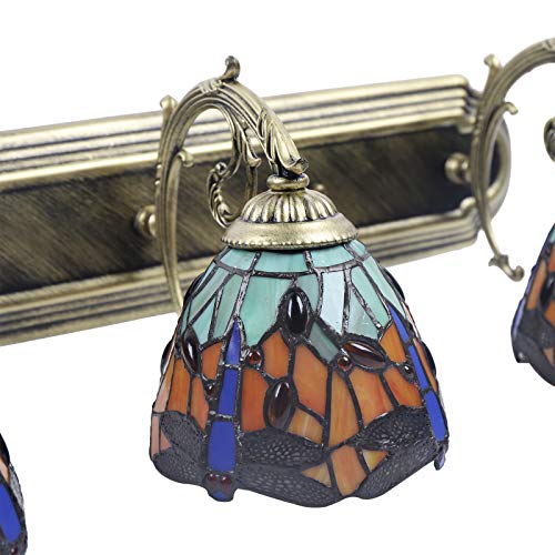Tiffany Victorian Wall Sconce, 3-Light Vanity Light Fixtures Stained Glass Lampshade Dragonfly Over Mirror Lamp P50587