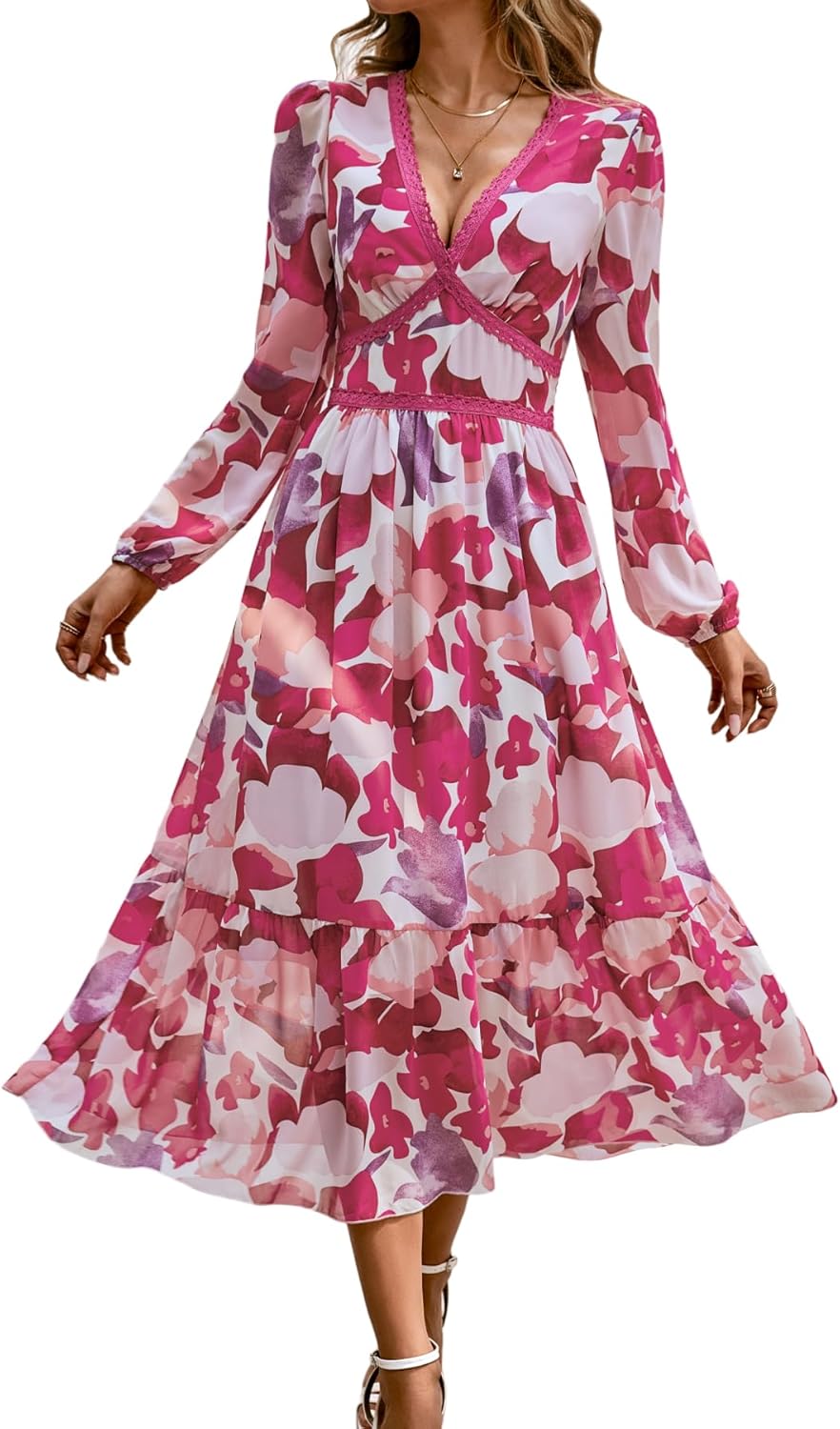 Rose V Neck Long Sleeve Wrap Maxi Dress Chiffon Q2826