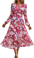Rose V Neck Long Sleeve Wrap Maxi Dress Chiffon Q2826