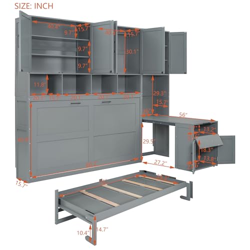 Grey Wooden Twin Murphy Bed with Storage Cabinet and Desk C808681