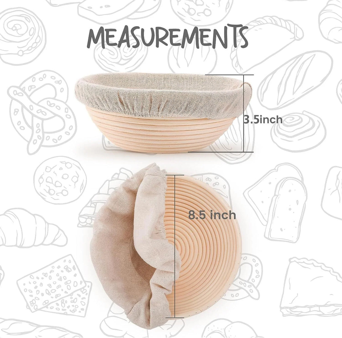 Round Bread Dough Proofing Rattan Baskets (Set of 2, 9 inch) with Liners K63233