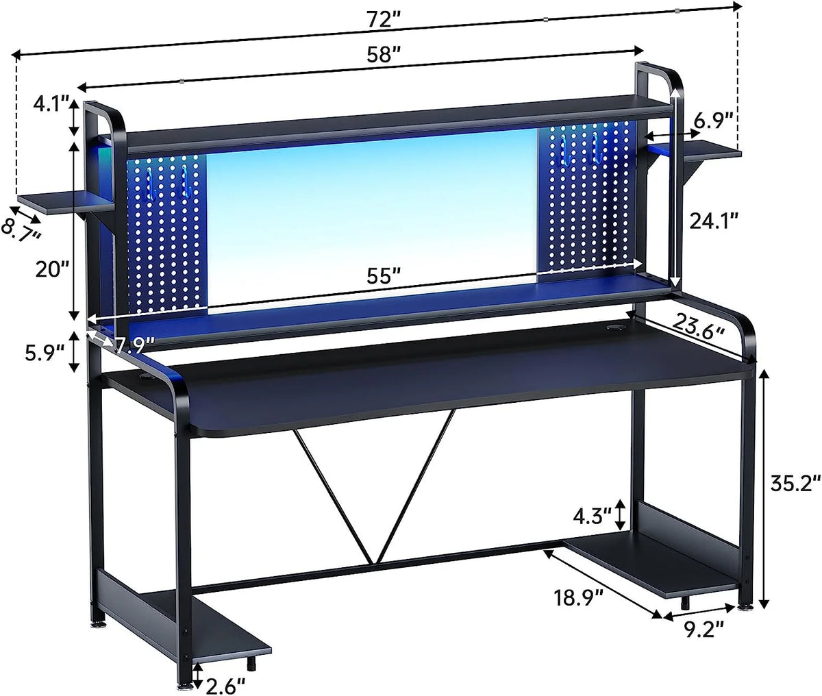 55" Gaming Desk with Hutch, Shelves, LED Lights, Pegboard and Monitor Shelf, Black Y13092