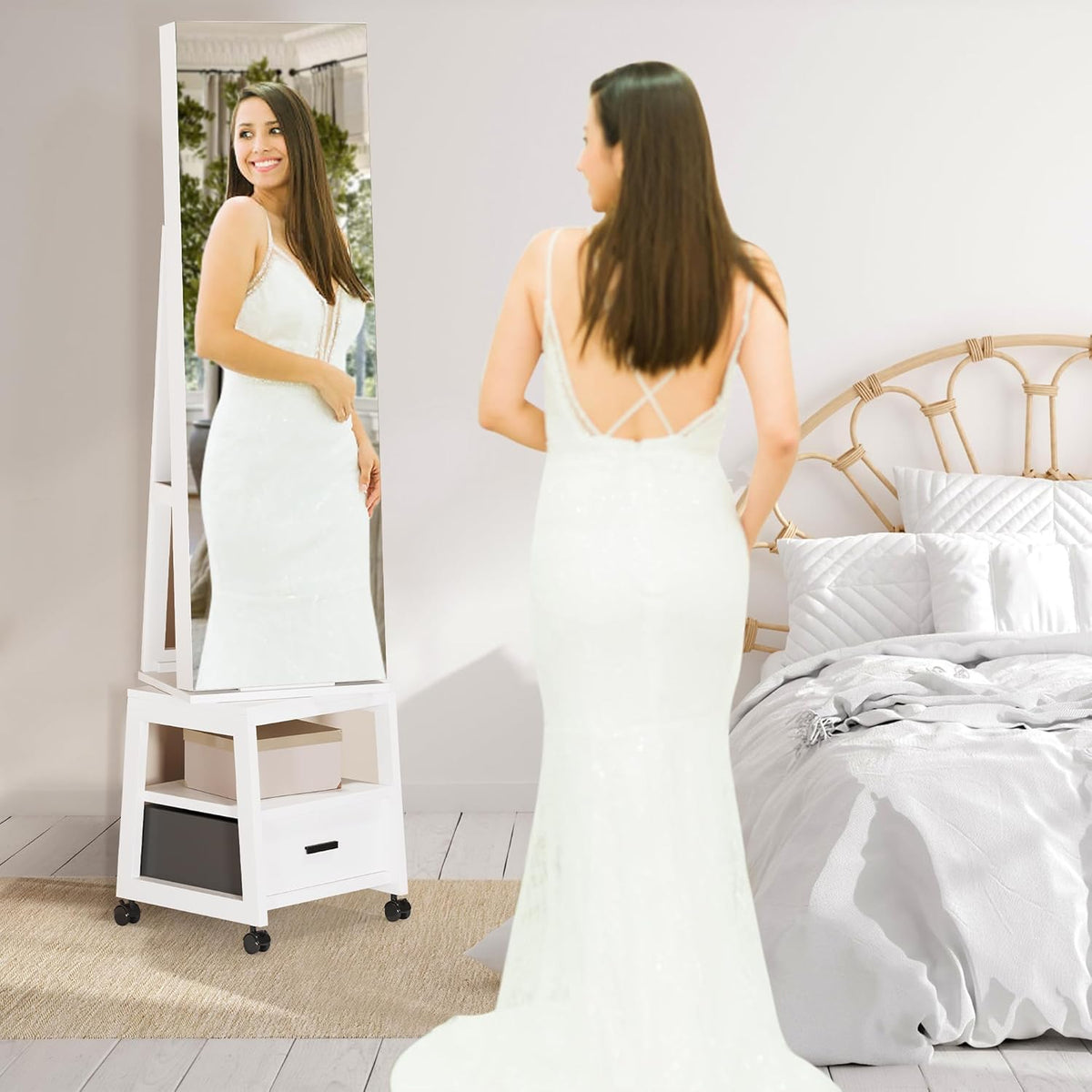 White Floor Standing Jewelry Armoire with Full Length Mirror and Wheels K583799