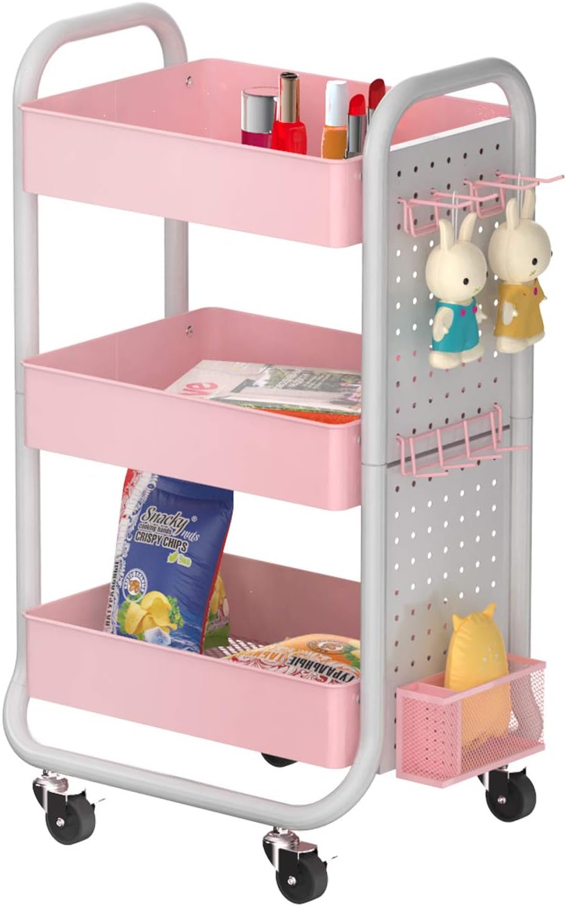3 Tier Rolling Metal Utility Cart with Hooks Storage Bins M295293