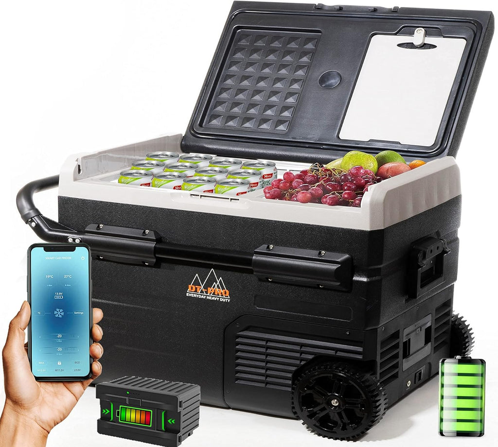 Portable Battery Operated Camping Fridge with Wheels, Dual Zone Freezer F890