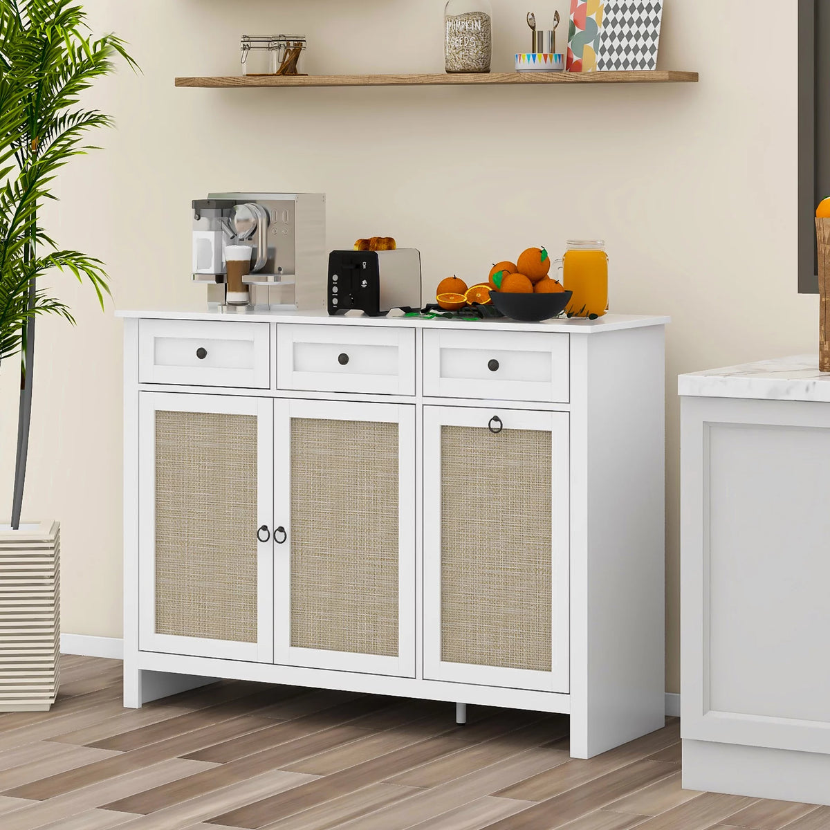 White Rattan Sideboard Buffet Cabinet with 3 Doors and 3 Drawer L106293