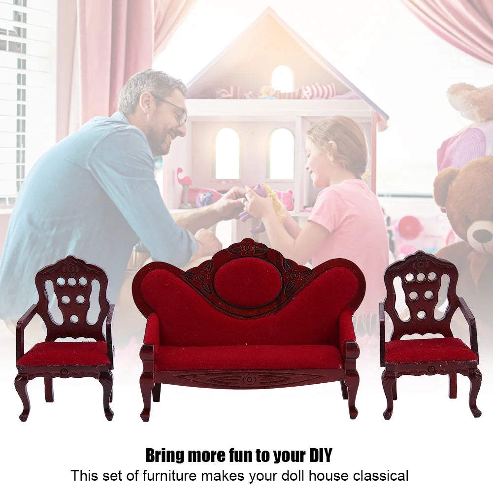 Red Wooden Dollhouse Sofa Chair Set W441