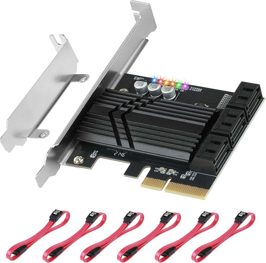 PCIe X4 SATA Card 6 Ports, Non Raid, SATA III Controller Expansion Card 6 Gbps, with 6 SATA Cables+Thin Bracket Pack of 2 L564
