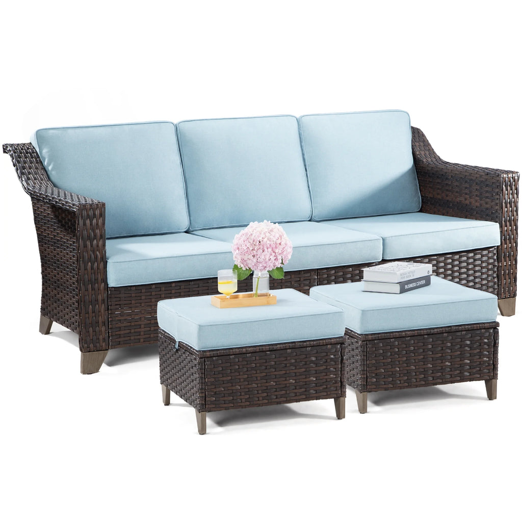 3 Pieces Outdoor Patio Wicker Conversation Set with Cushions, Sky Blue H61411