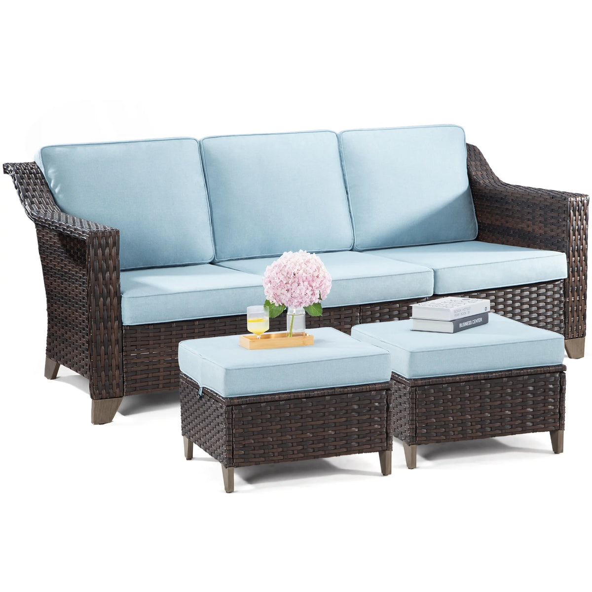 3 Pieces Outdoor Patio Wicker Conversation Set with Cushions, Sky Blue H61411
