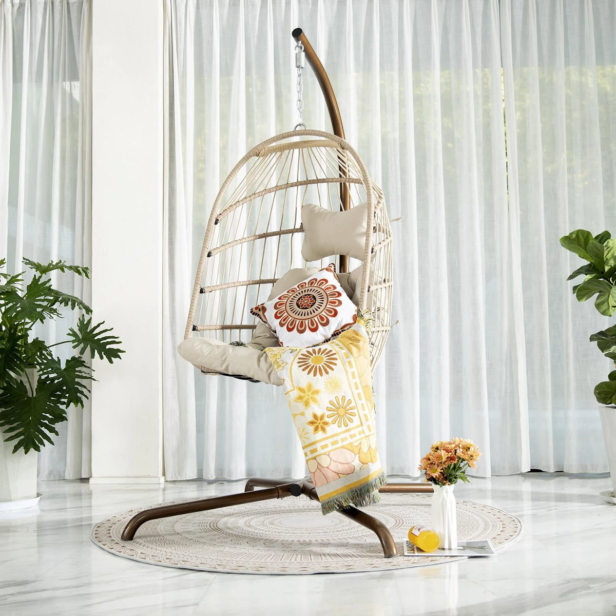 Rattan Swing Egg Chair with Stand Grey 350 lbs E778645