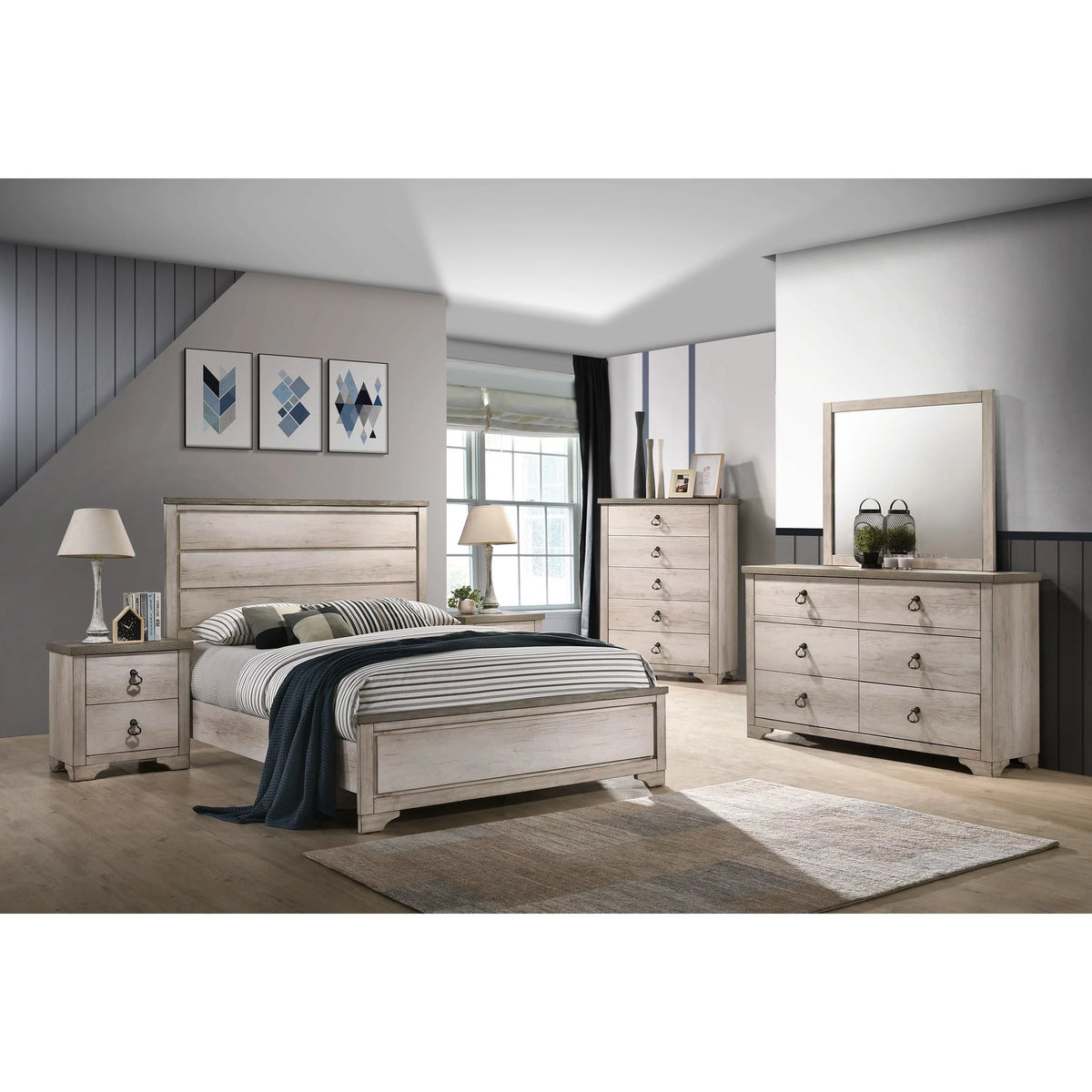 5pc Queen Size Bed Dresser Mirror Nightstands Set Beige Wooden Bedroom Furniture C10437