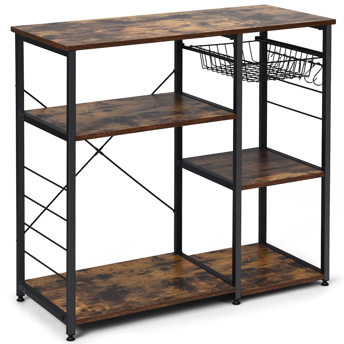 Industrial Kitchen Baker's Rack Microwave Stand Utility Storage Shelf with 6 Hooks Steel Black A13338