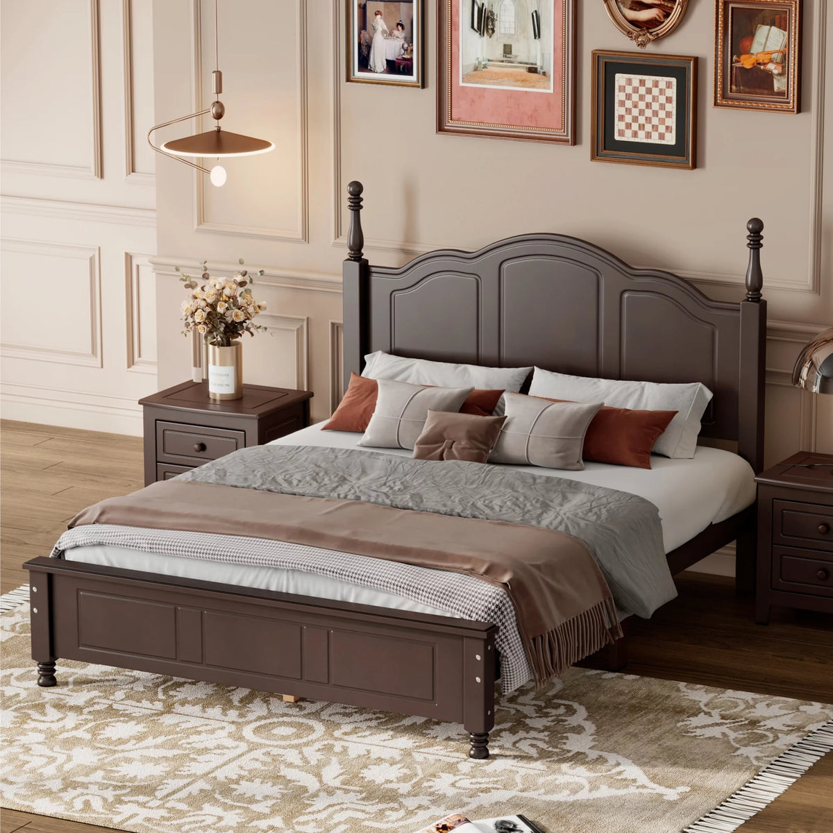 Dark Walnut Wood Full Platform Bed Frame with Headboard and Footboard U361360