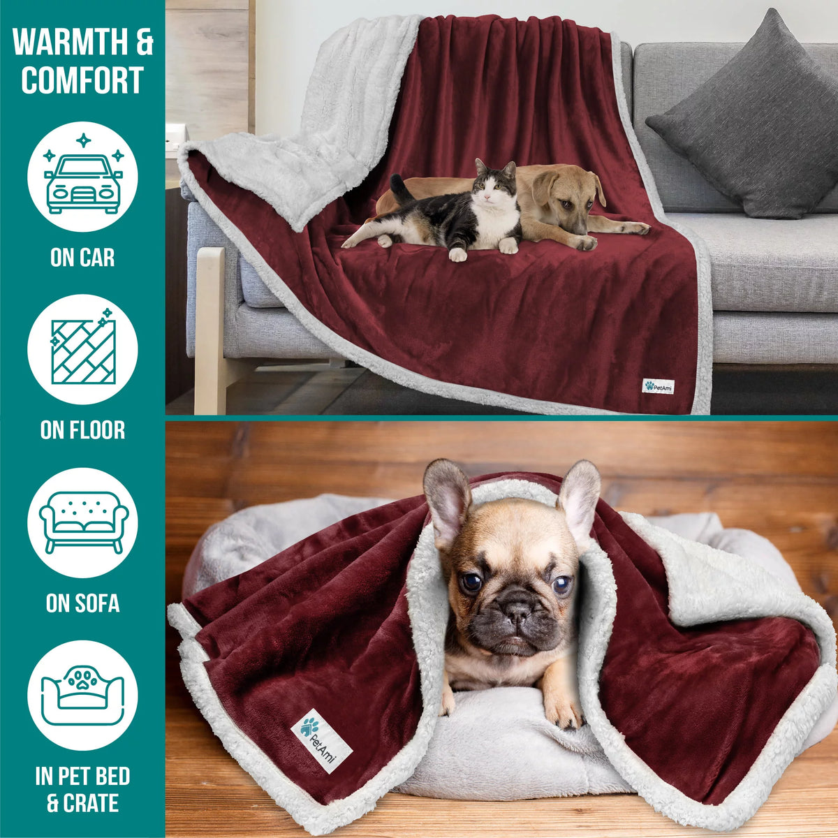 Waterproof Sherpa Fleece Dog Blanket 60x40 Wine Red N4140