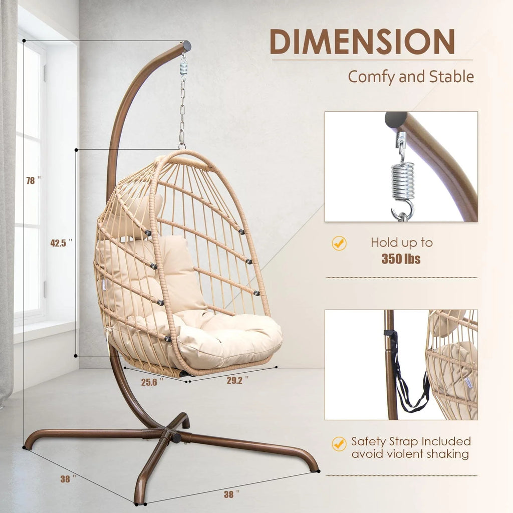 Rattan Swing Egg Chair with Stand Grey 350 lbs E778645