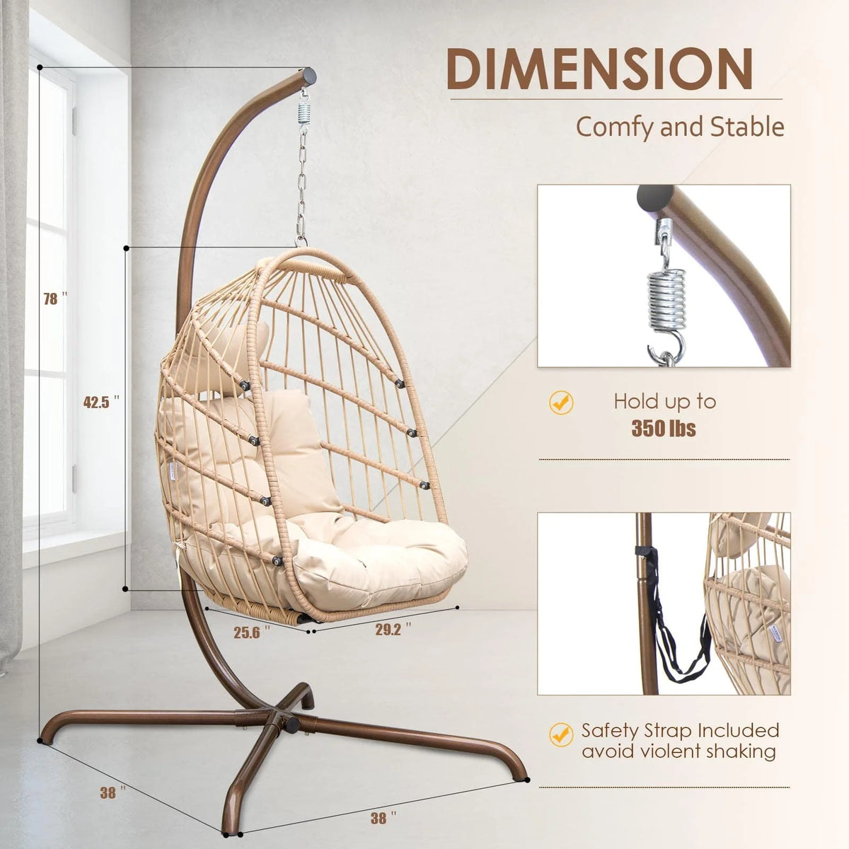 Rattan Swing Egg Chair with Stand Grey 350 lbs E778645