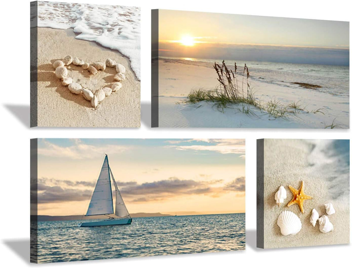 Sunset Canvas Art Seascape Painting with Sailboat Wall Art, 32'' x 16'' x 2 Panels + 16'' x 16'' x 2 Panels Z6912