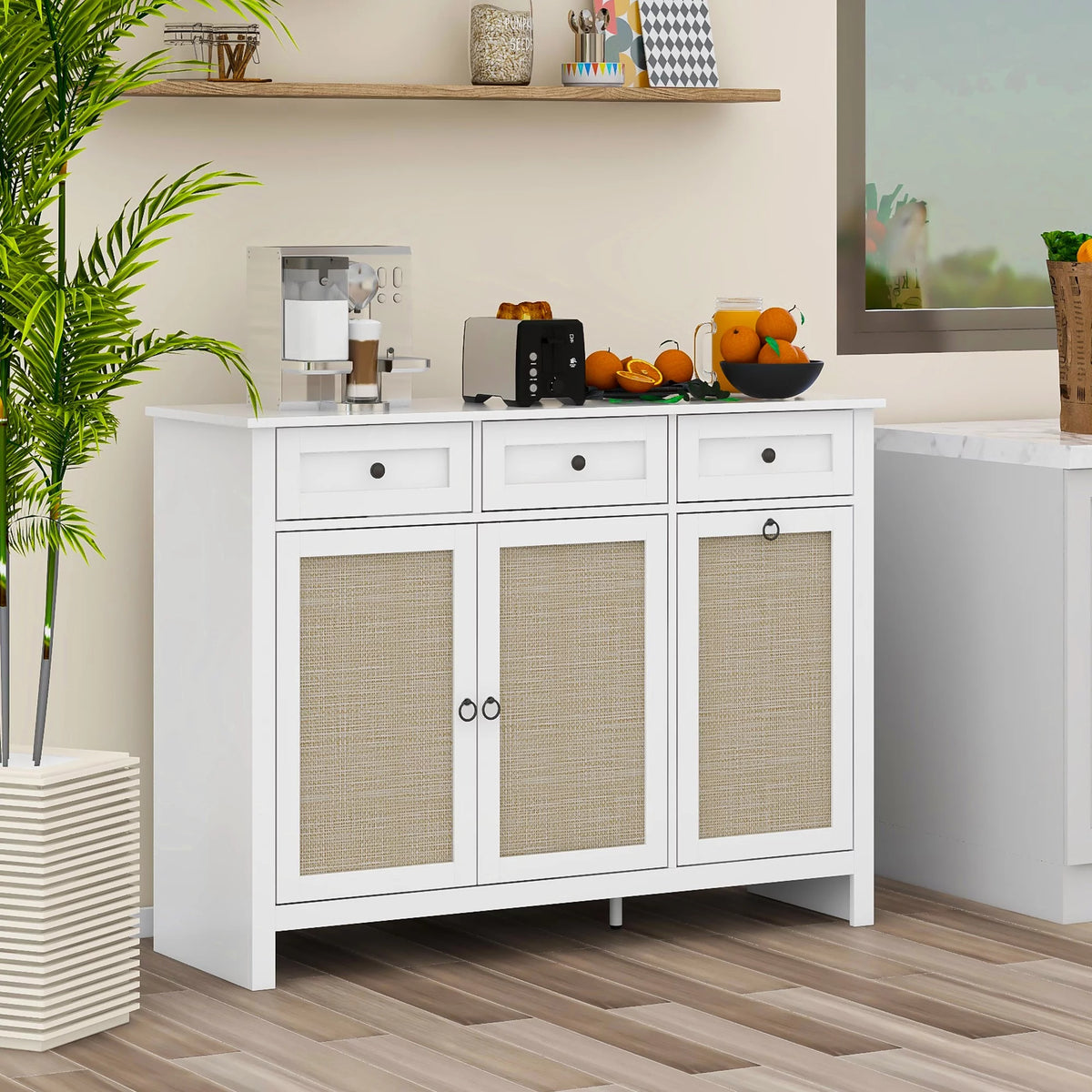 White Rattan Sideboard Buffet Cabinet with 3 Doors and 3 Drawer L106293