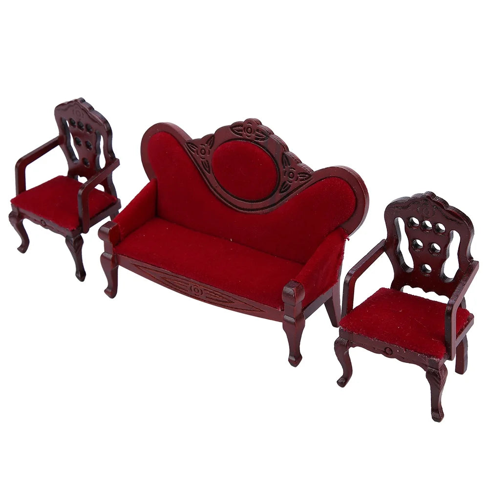 Red Wooden Dollhouse Sofa Chair Set W441