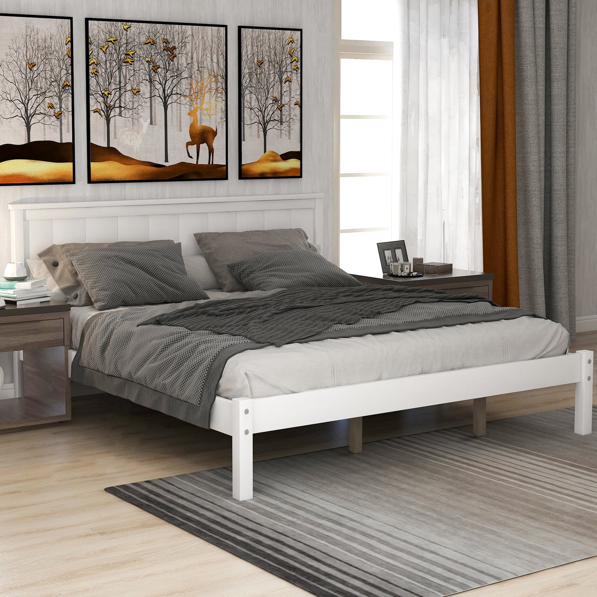 Queen White Wood Platform Bed Frame with Headboard U6893