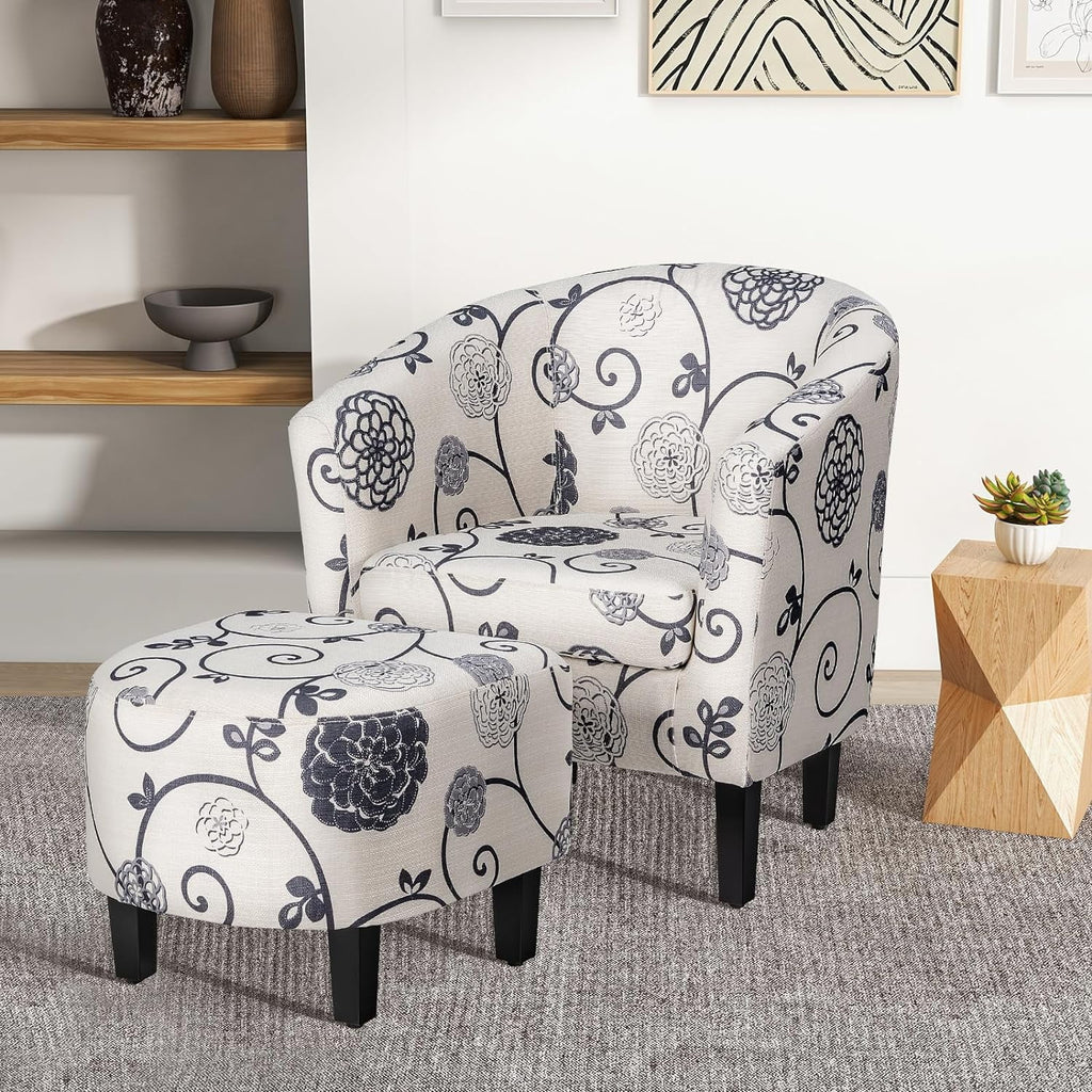 Accent Chair with Ottoman Set Upholstered Barrel Chair with Footrest V7371