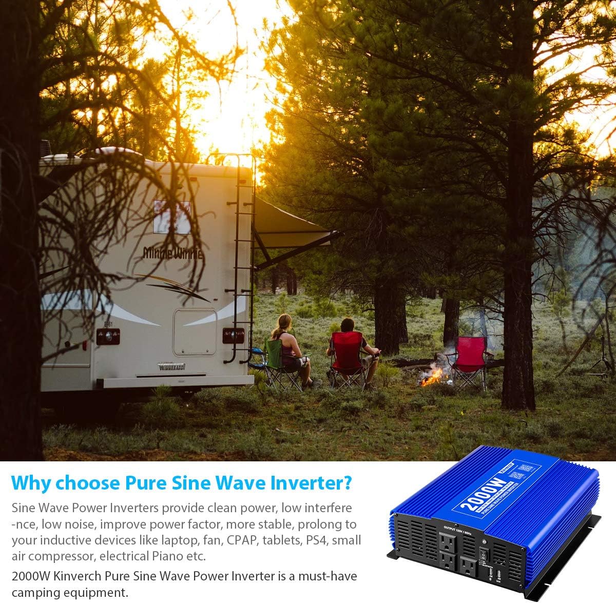2000W Pure Sine Wave Power Inverter 12V DC to 110V AC with 3 AC Outlets & 1 USB Port L594154
