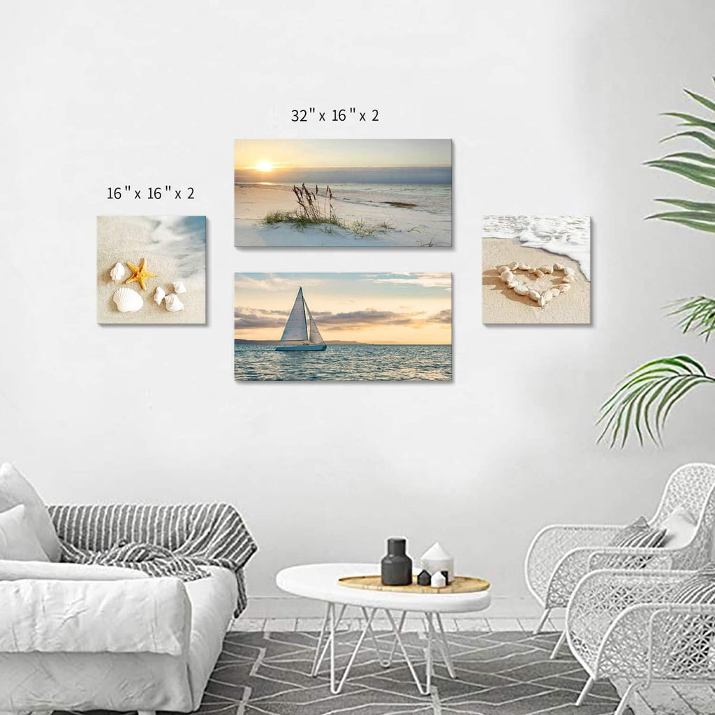 Sunset Canvas Art Seascape Painting with Sailboat Wall Art, 32'' x 16'' x 2 Panels + 16'' x 16'' x 2 Panels Z6912