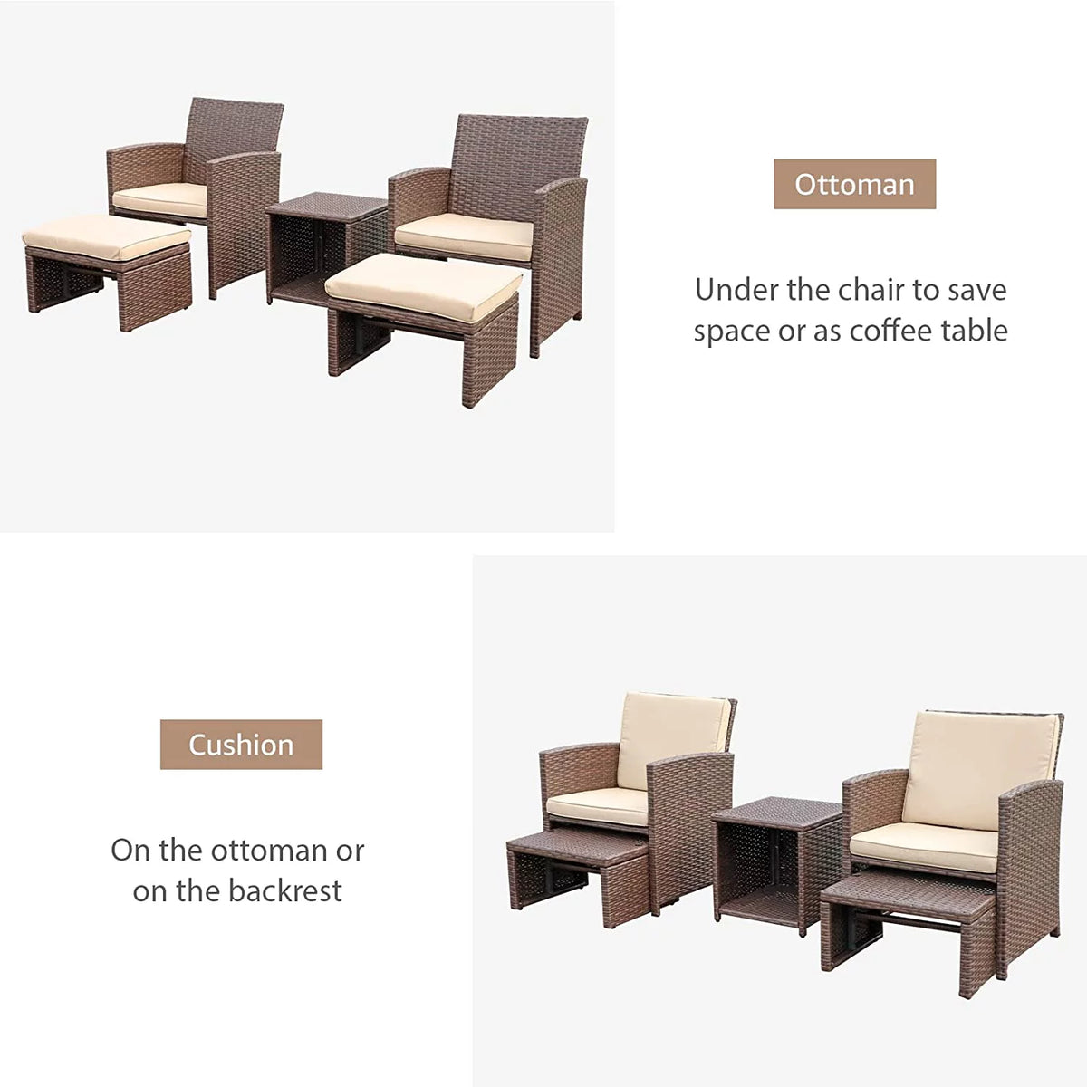 5 Piece Wicker Patio Furniture Set with Storage Table and Ottoman Y414573