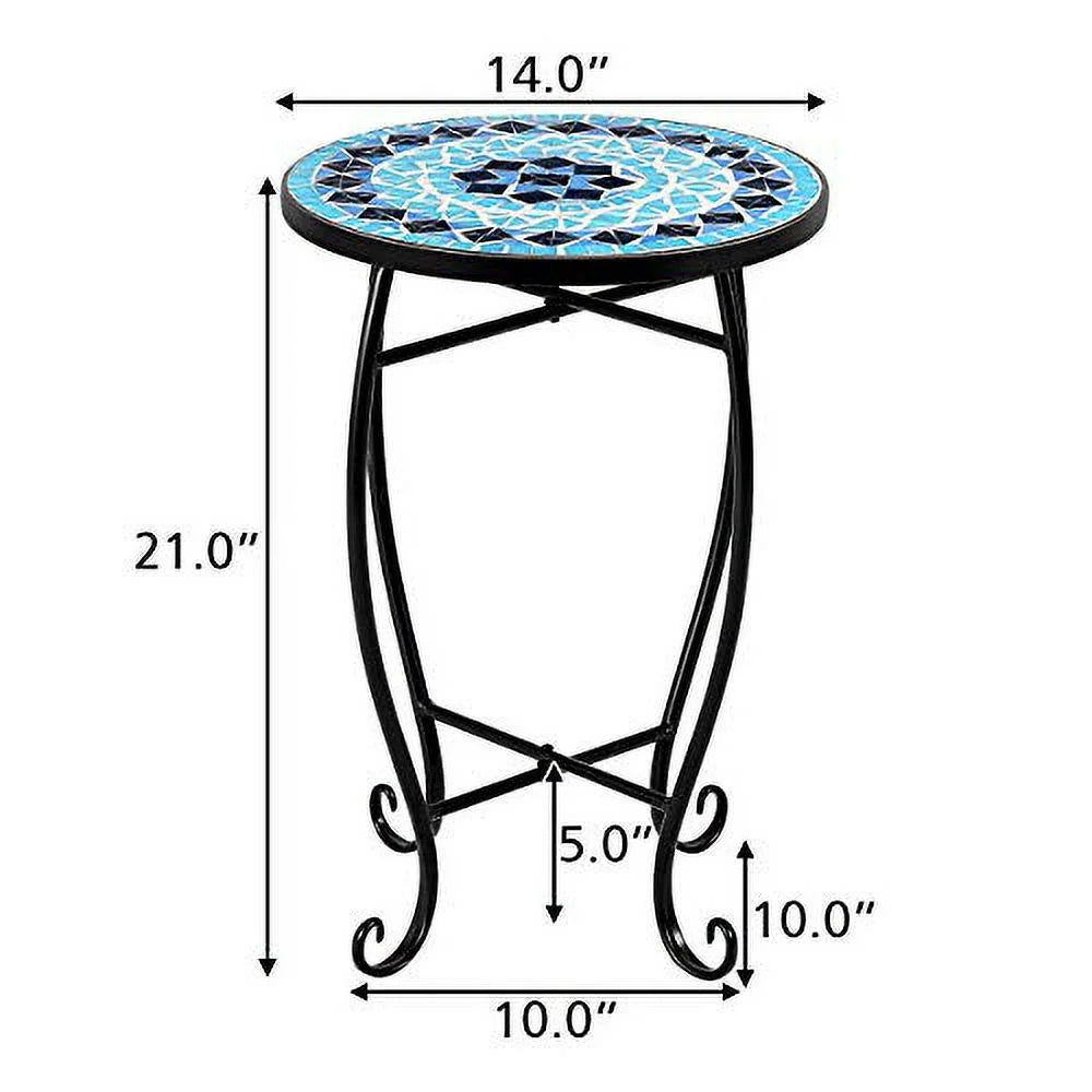 Round 14 Inch Mosaic Side Table with Glass Top and Steel Frame H872