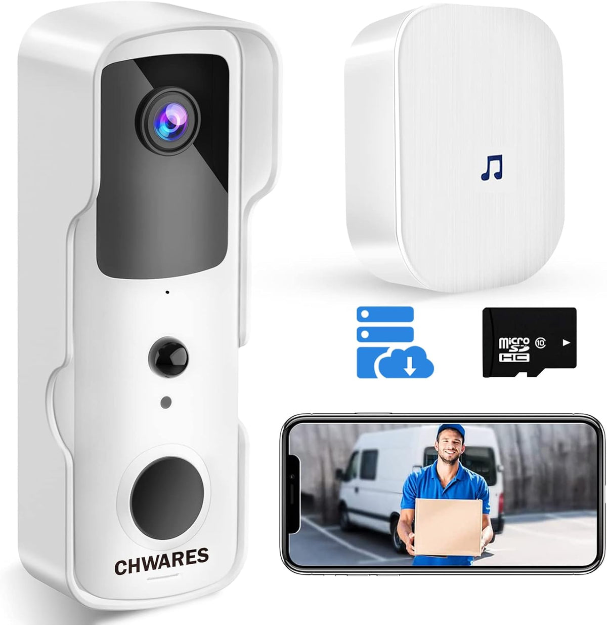 White Video Doorbell Camera Wireless WiFi 1080P HD Night Vision 2-Way Talk Motion Detection B89042