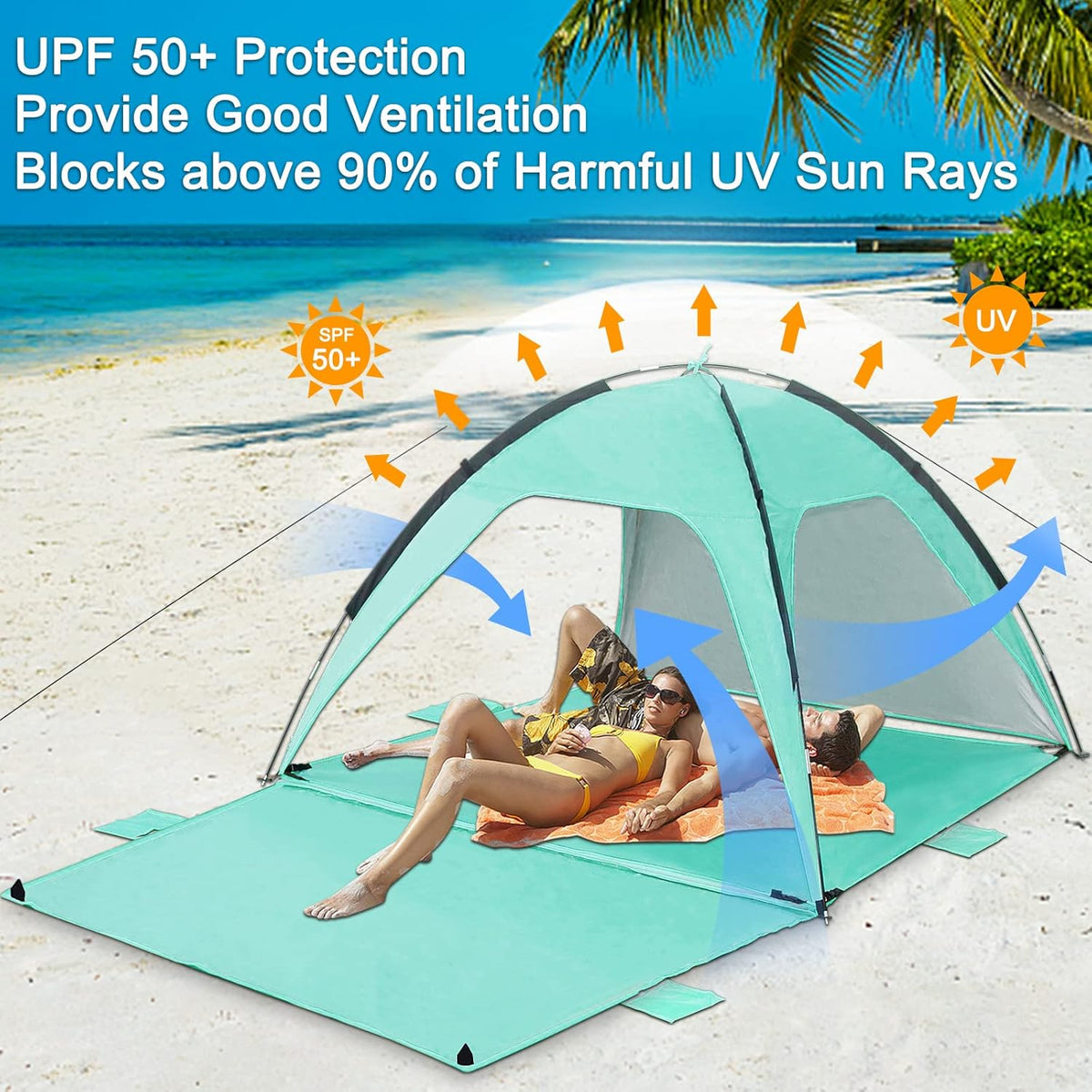 Beach Tent Canopy Sun Shelter UPF 50+ UV Protection, Portable Beach Shade Fit 3-4 Person, Lightweight, Breathable, Collapsible T194408