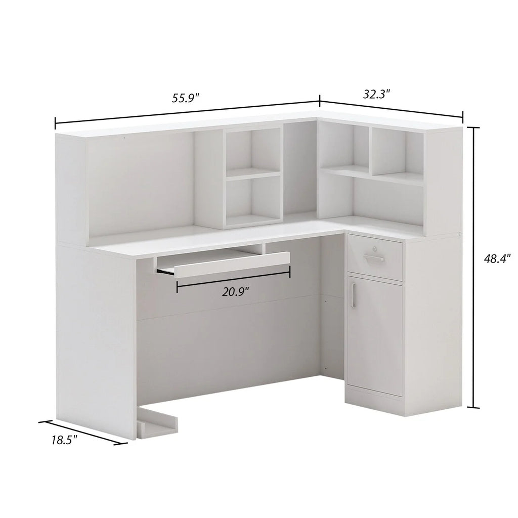 L-Shaped Reception Desk with Shelves and Drawers White W267