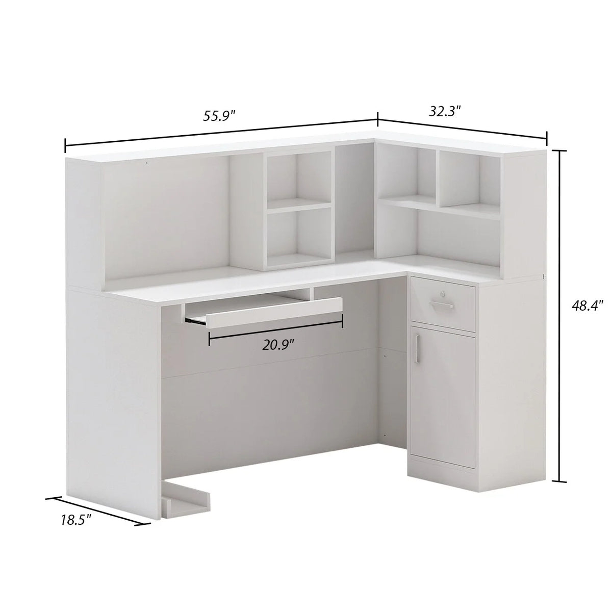L-Shaped Reception Desk with Shelves and Drawers White W267