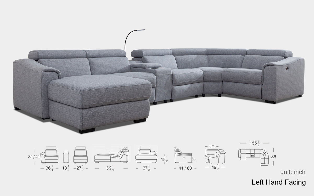 Light Grey 6 Pc Reclining Sectional with Left Hand Facing Chaise D8172