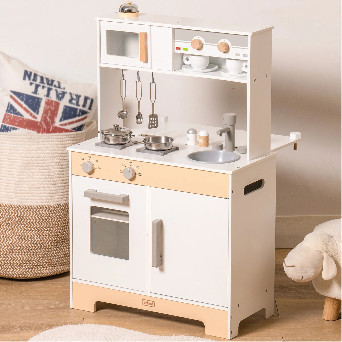 2 in 1 Wooden Play Kitchen Playset with Cookware Accessories R9982