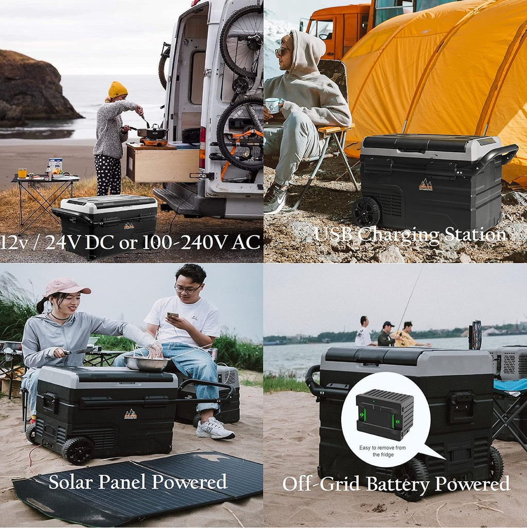 Portable Battery Operated Camping Fridge with Wheels, Dual Zone Freezer F890