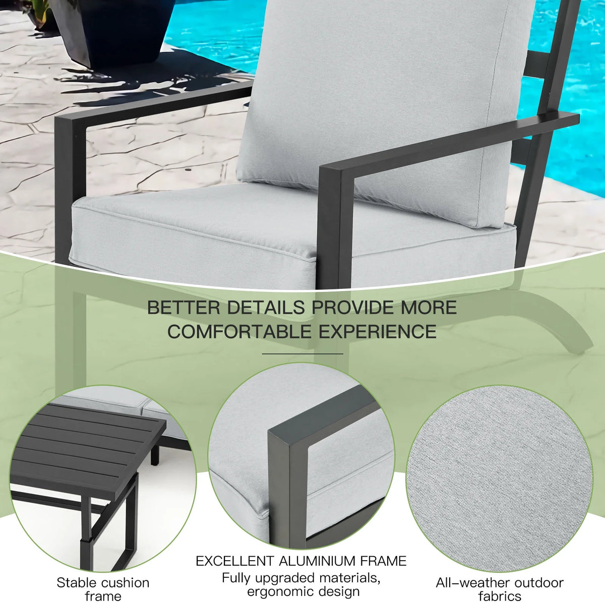 Aluminum Patio Furniture Set with Grey Cushions W958