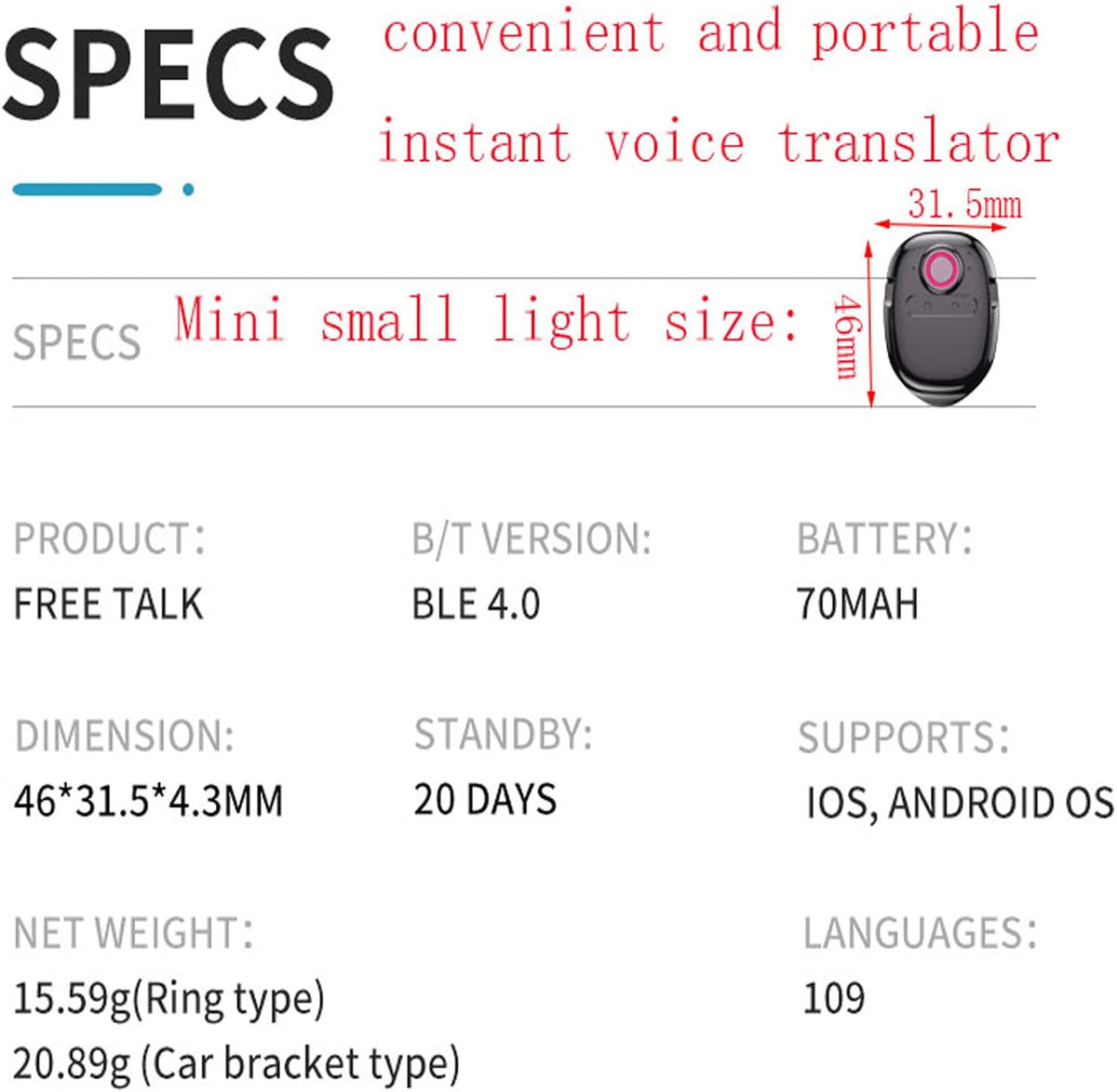 Portable Translator Device Supporting 120 Languages G432