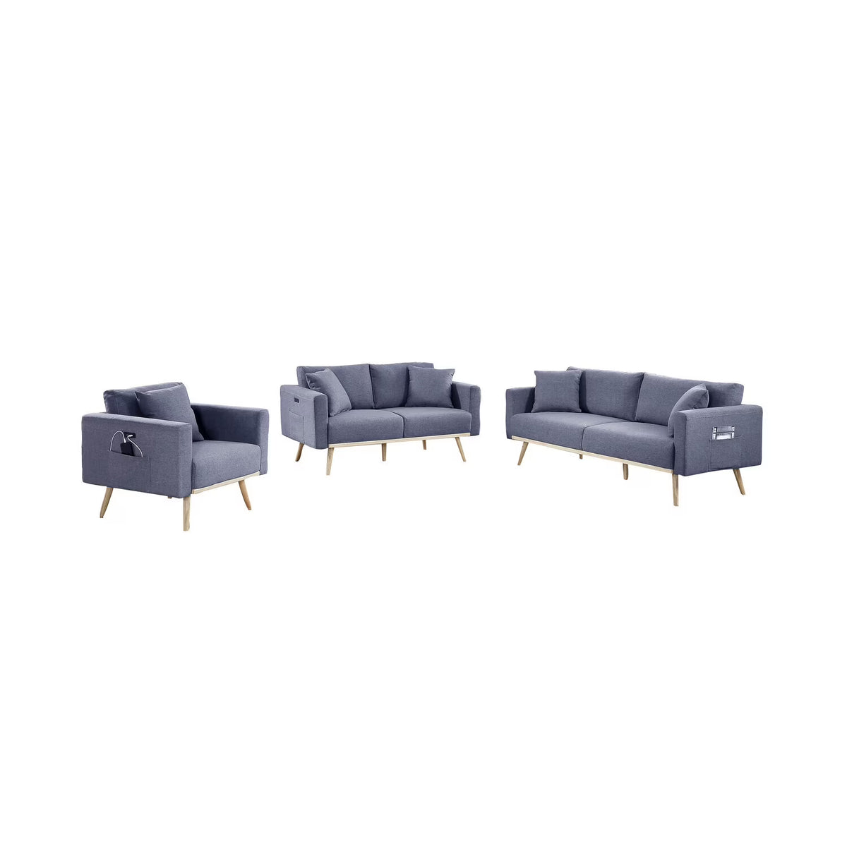 Dark Gray Linen Fabric Sofa Loveseat Chair Set with USB Charging Ports & Pillows D308982