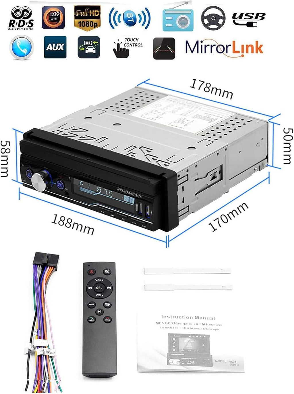 Single Din 7 inch Bluetooth Car Stereo with Retractable Touch Screen K127