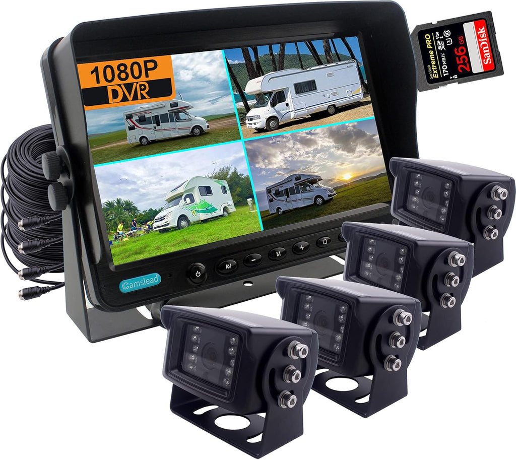 7 inch 1080P Wired Rear View Camera System with DVR Recorder, 4 Channel Input, Quad Split Screen L716360