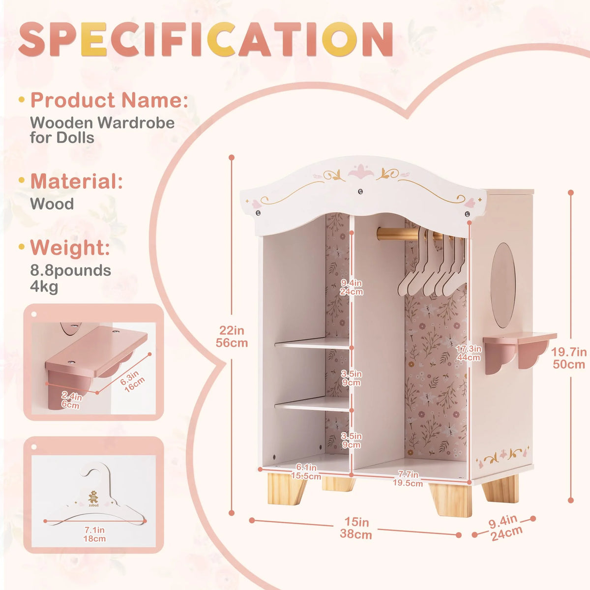 Pink Wooden Doll Armoire Closet with Vanity Table and 5 Clothing Hangers J630
