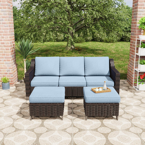 3 Pieces Outdoor Patio Wicker Conversation Set with Cushions, Sky Blue H61411