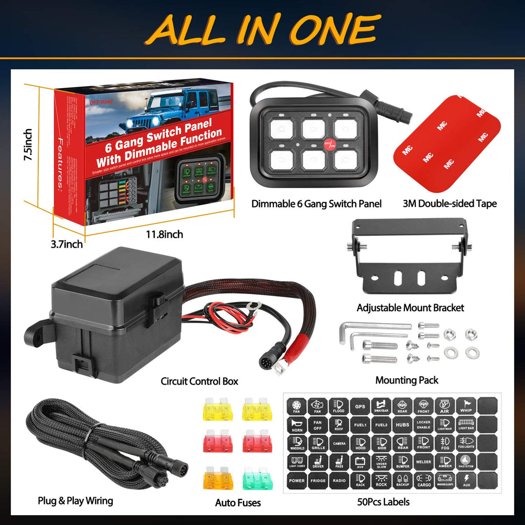 6 Gang Switch Panel Automatic Dimmable LED Car Switch Button Touch Switch Box U340