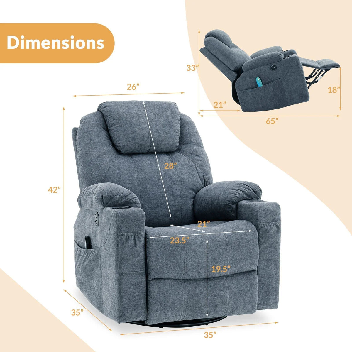 Gray-Blue Swivel Rocker Recliner Chair with Heated Massage U1353