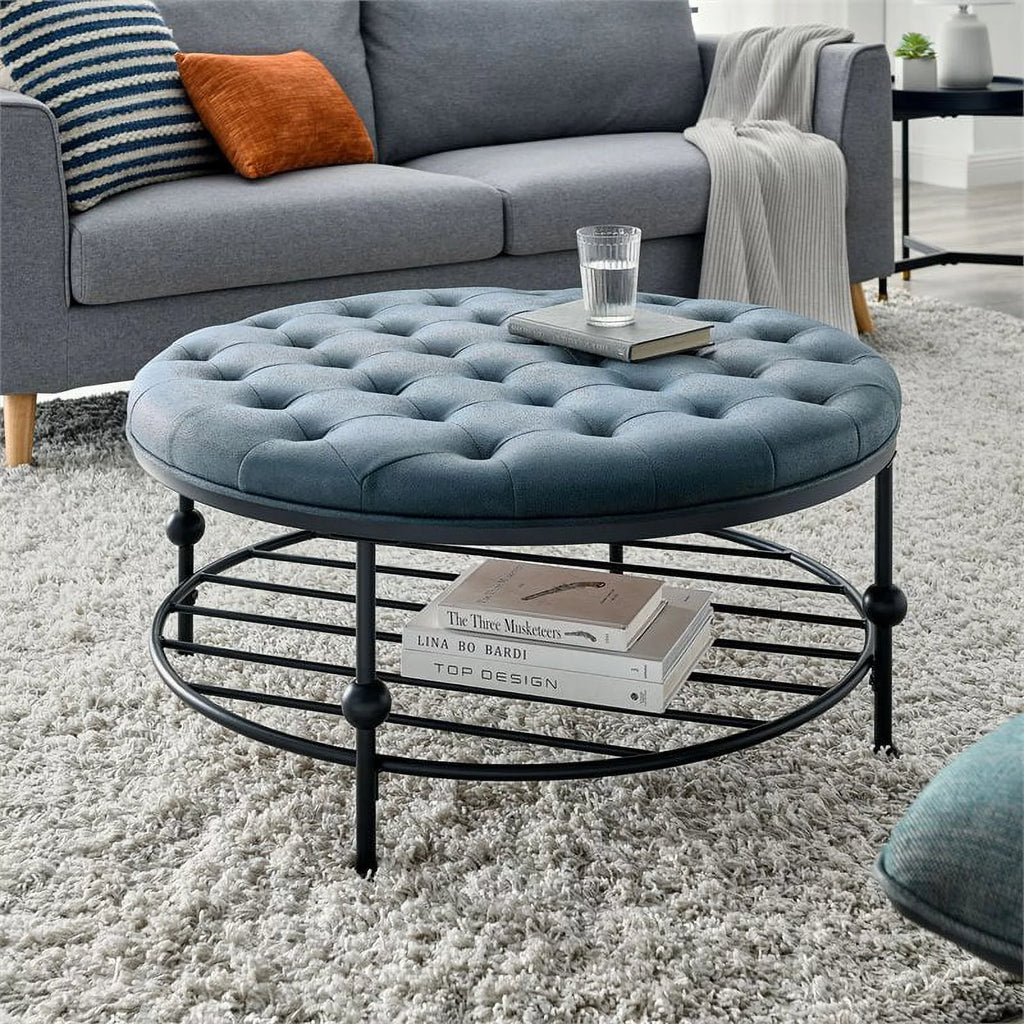 Blue Faux Leather Tufted Cocktail Ottoman A20848