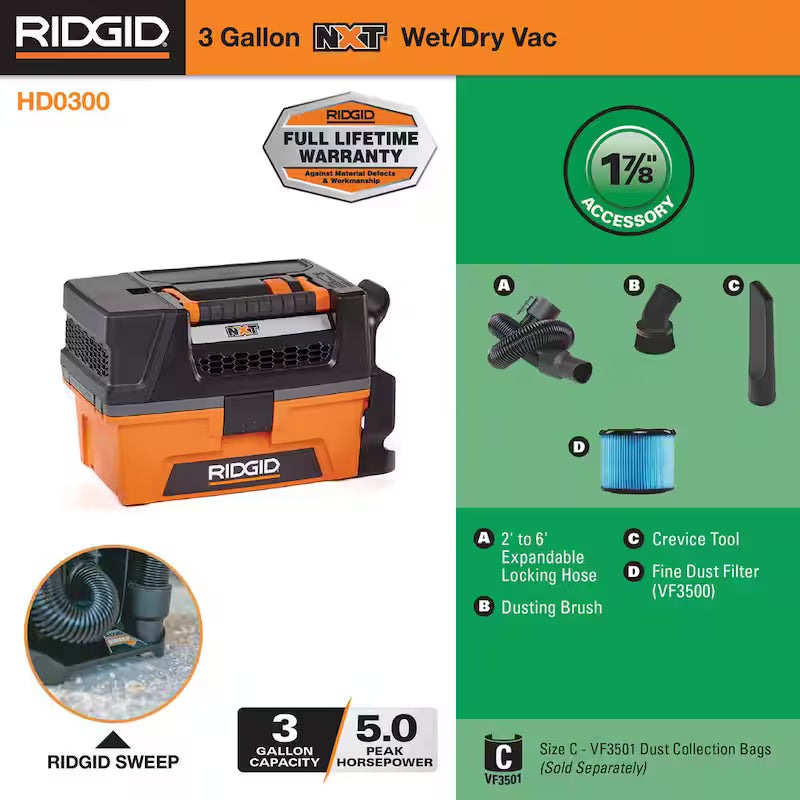3 Gallon 5.0 Peak HP Wet/Dry Shop Vacuum with Hose and Accessories B384967