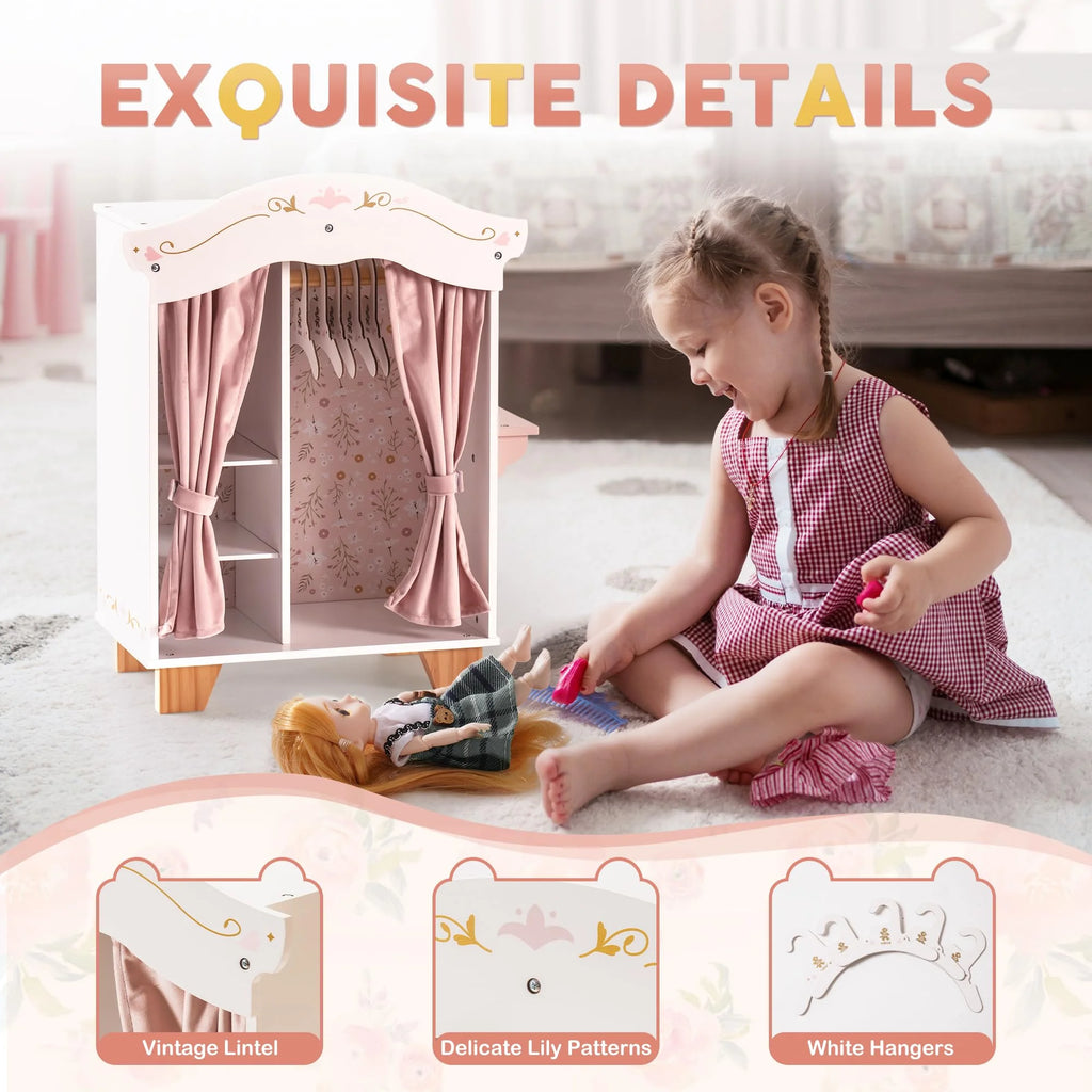 Pink Wooden Doll Armoire Closet with Vanity Table and 5 Clothing Hangers J630
